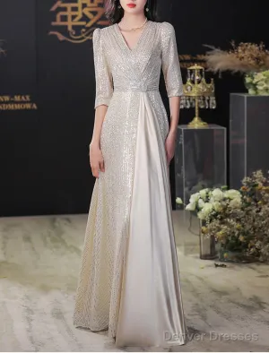 A-Line Evening Gown Elegant Dress Wedding Guest Prom Floor Length Half Sleeve V Neck Sequined With Glitter Fringe Tassel