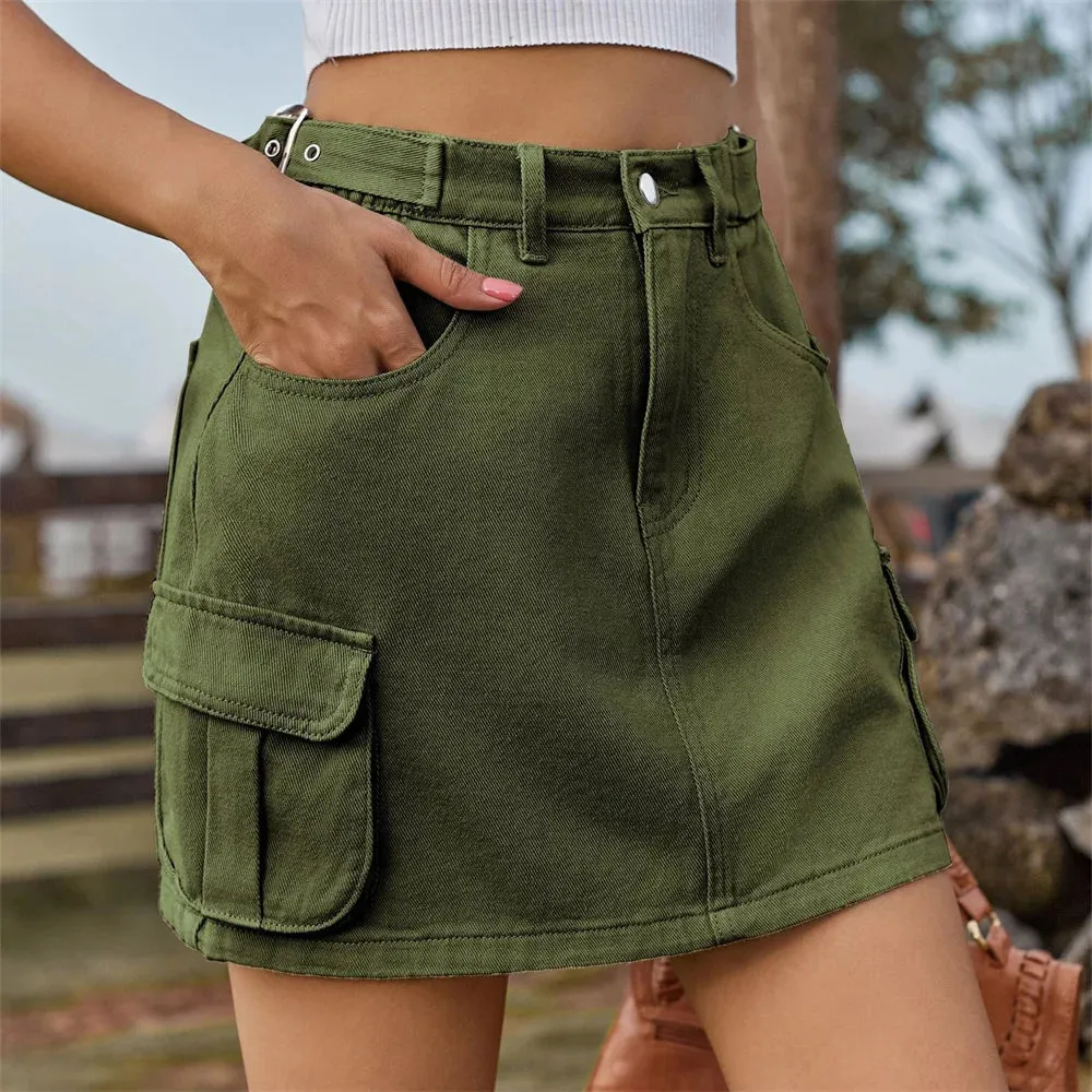 Adjustable Waist Washed Cargo Denim Summer Multi-pocket Casual Skirt