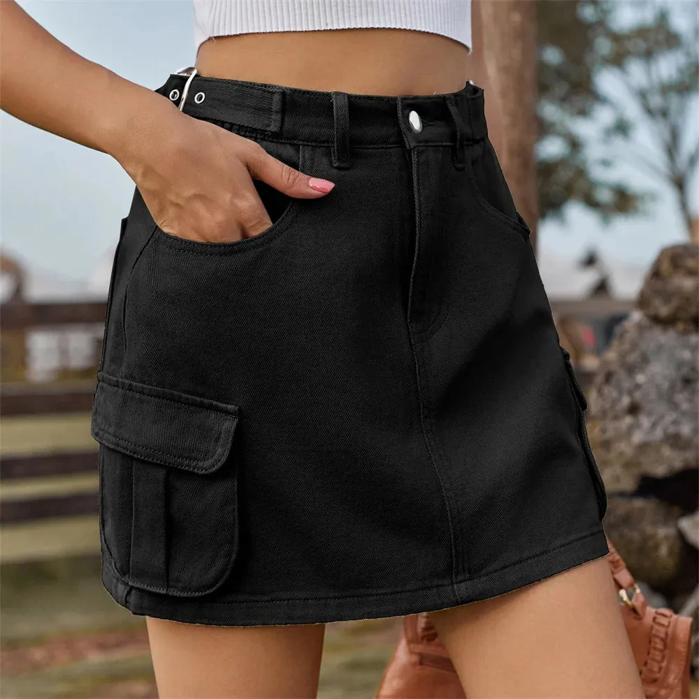 Adjustable Waist Washed Cargo Denim Summer Multi-pocket Casual Skirt