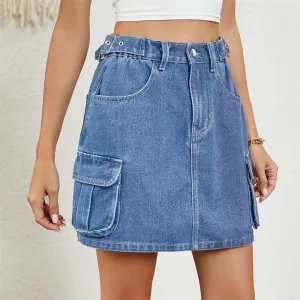 Adjustable Waist Washed Cargo Denim Summer Multi-pocket Casual Skirt