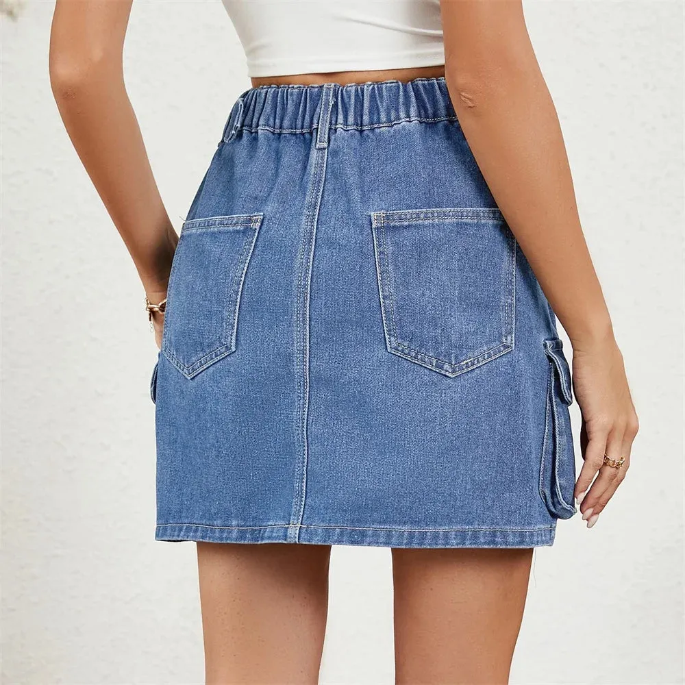 Adjustable Waist Washed Cargo Denim Summer Multi-pocket Casual Skirt