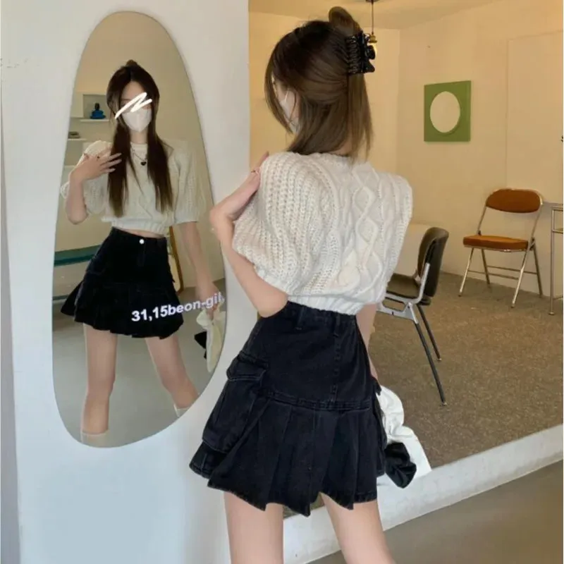 Advbridge  Pleated Denim Skirts For Women's Summer Black Pocket Y2k Fashion Casual Korean Style Jean Short Skirts High Waisted Washed Loose
