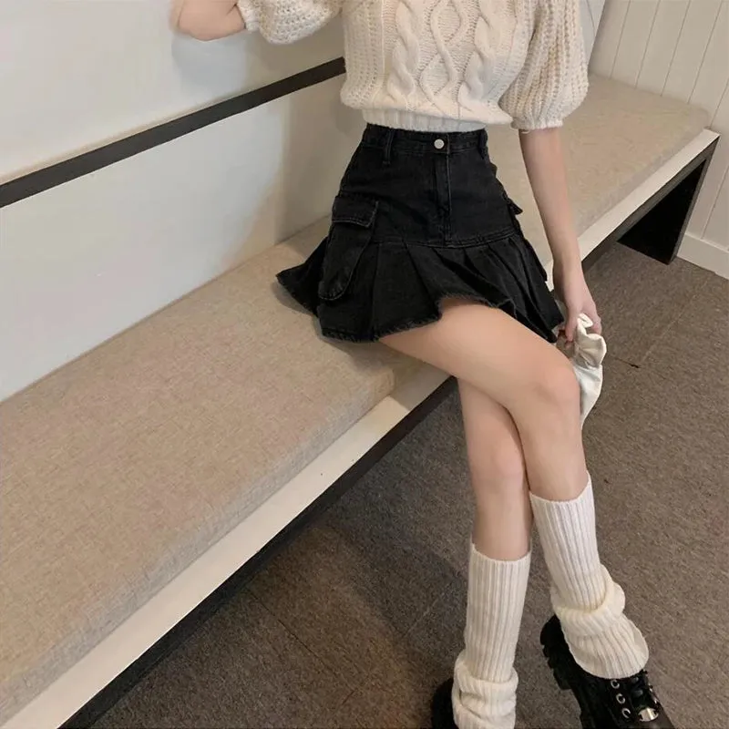 Advbridge  Pleated Denim Skirts For Women's Summer Black Pocket Y2k Fashion Casual Korean Style Jean Short Skirts High Waisted Washed Loose