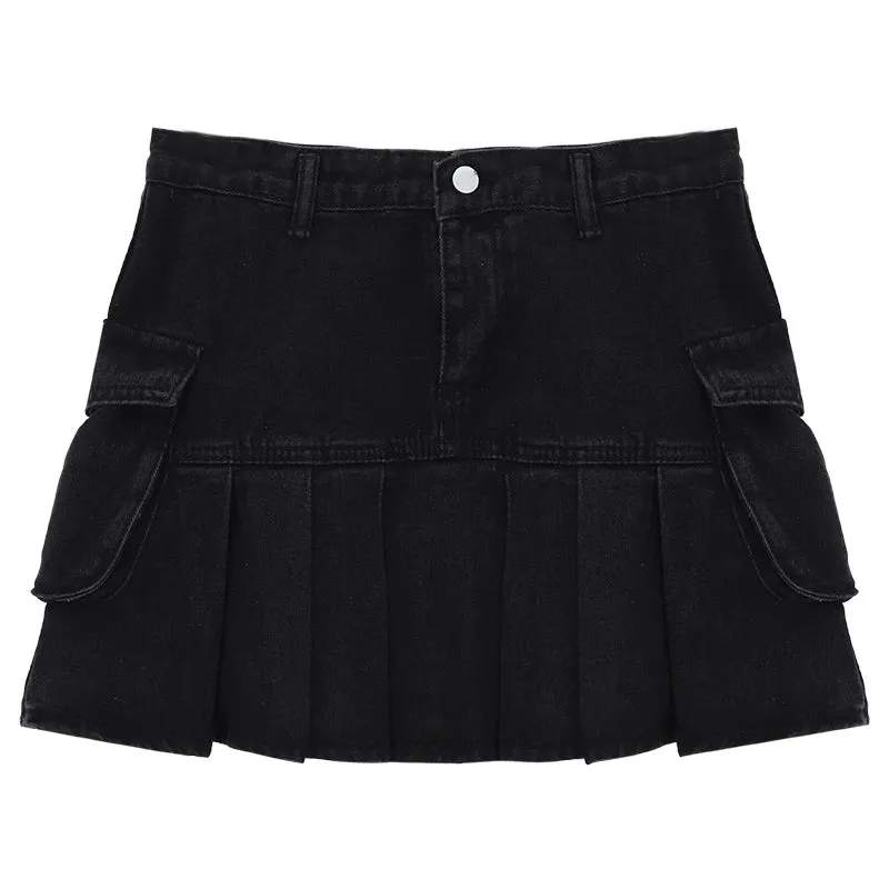 Advbridge  Pleated Denim Skirts For Women's Summer Black Pocket Y2k Fashion Casual Korean Style Jean Short Skirts High Waisted Washed Loose