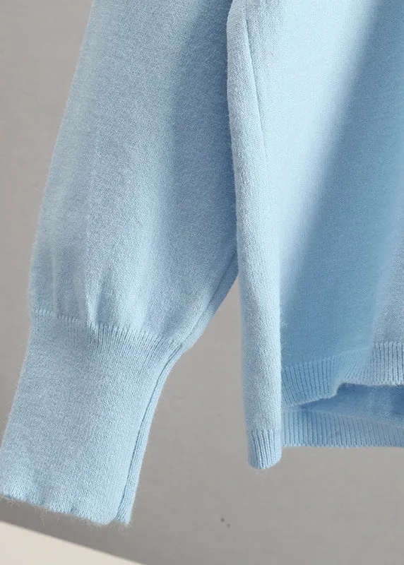 Art Light Blue V Neck Patchwork Cotton Knitted Sweaters Tops Fall