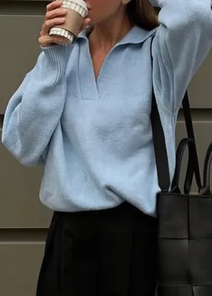Art Light Blue V Neck Patchwork Cotton Knitted Sweaters Tops Fall