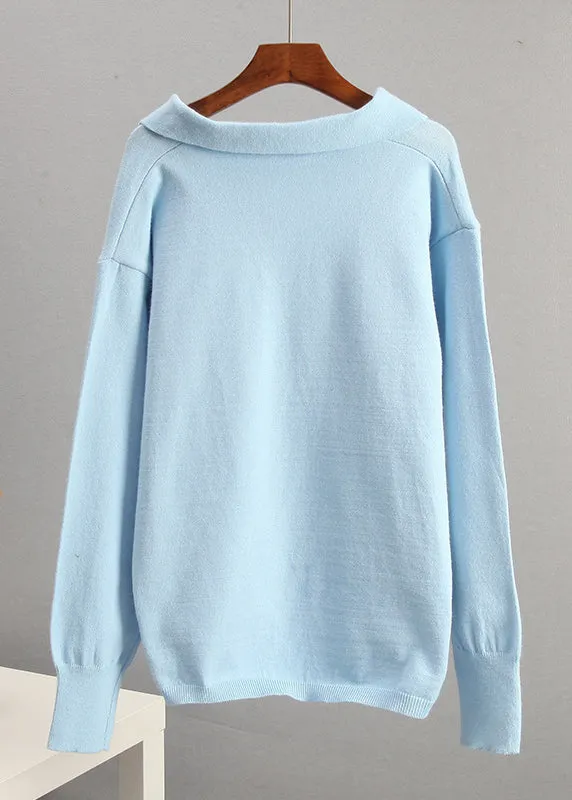 Art Light Blue V Neck Patchwork Cotton Knitted Sweaters Tops Fall