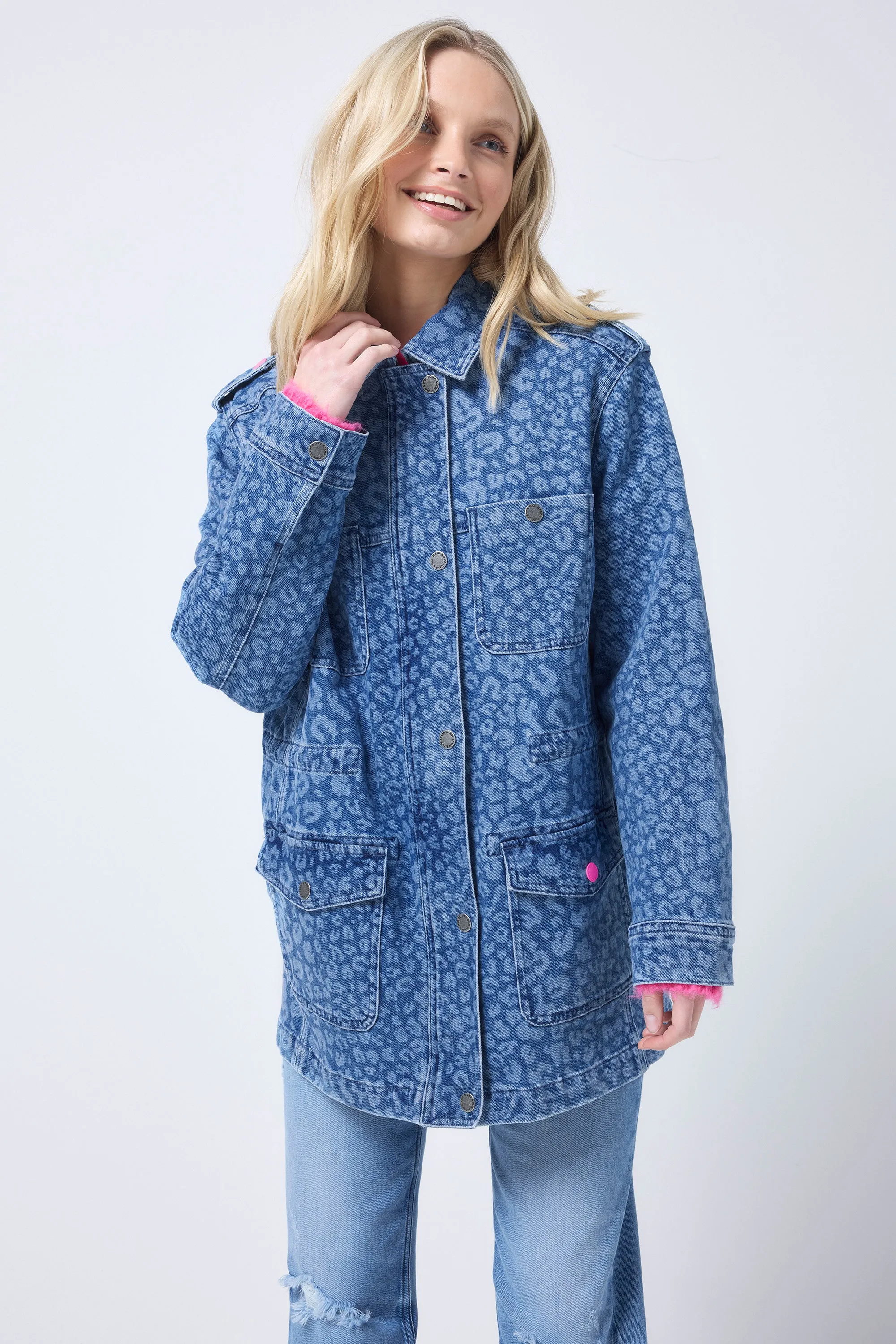 Authentic Indigo Leopard Denim Utility Jacket