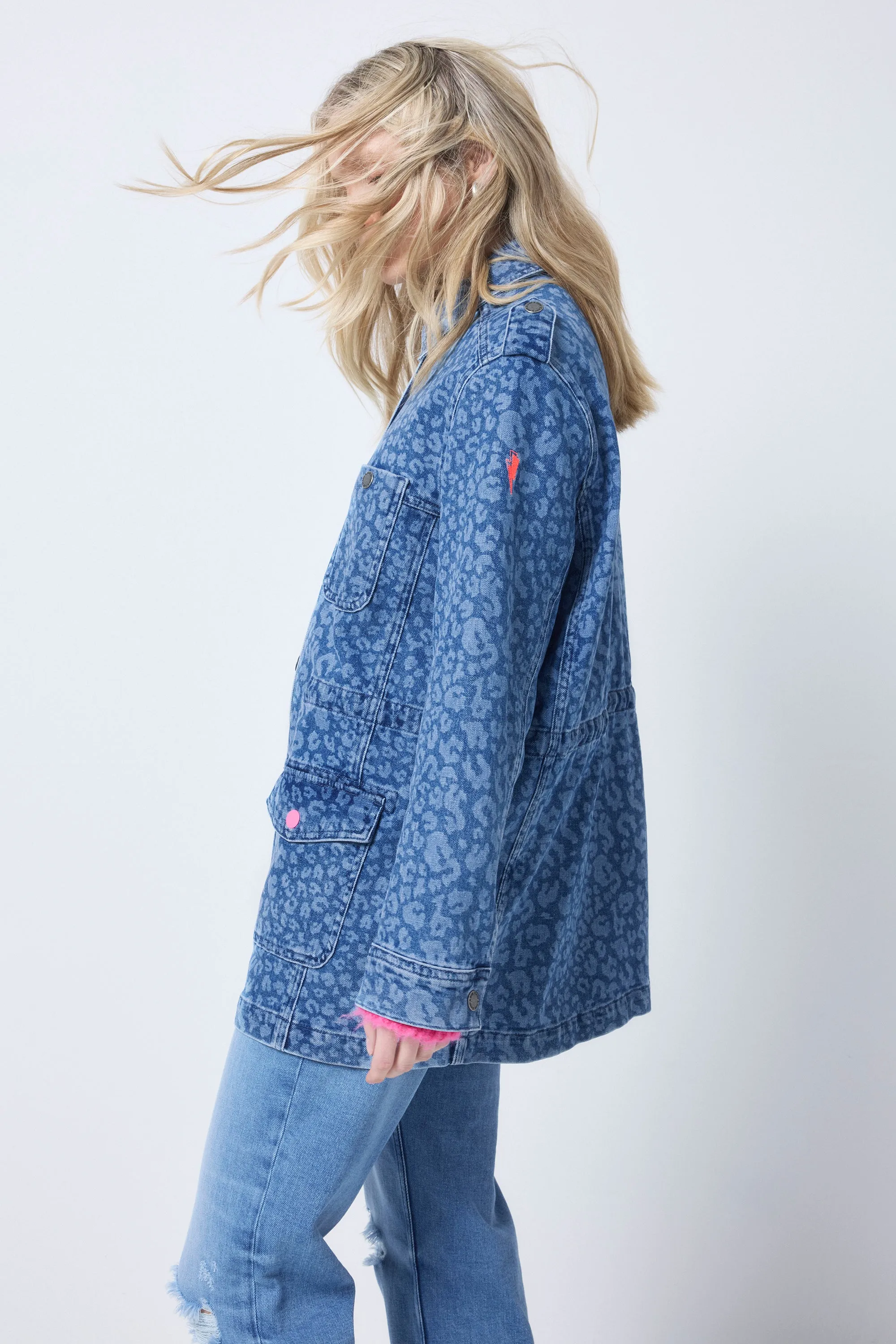 Authentic Indigo Leopard Denim Utility Jacket