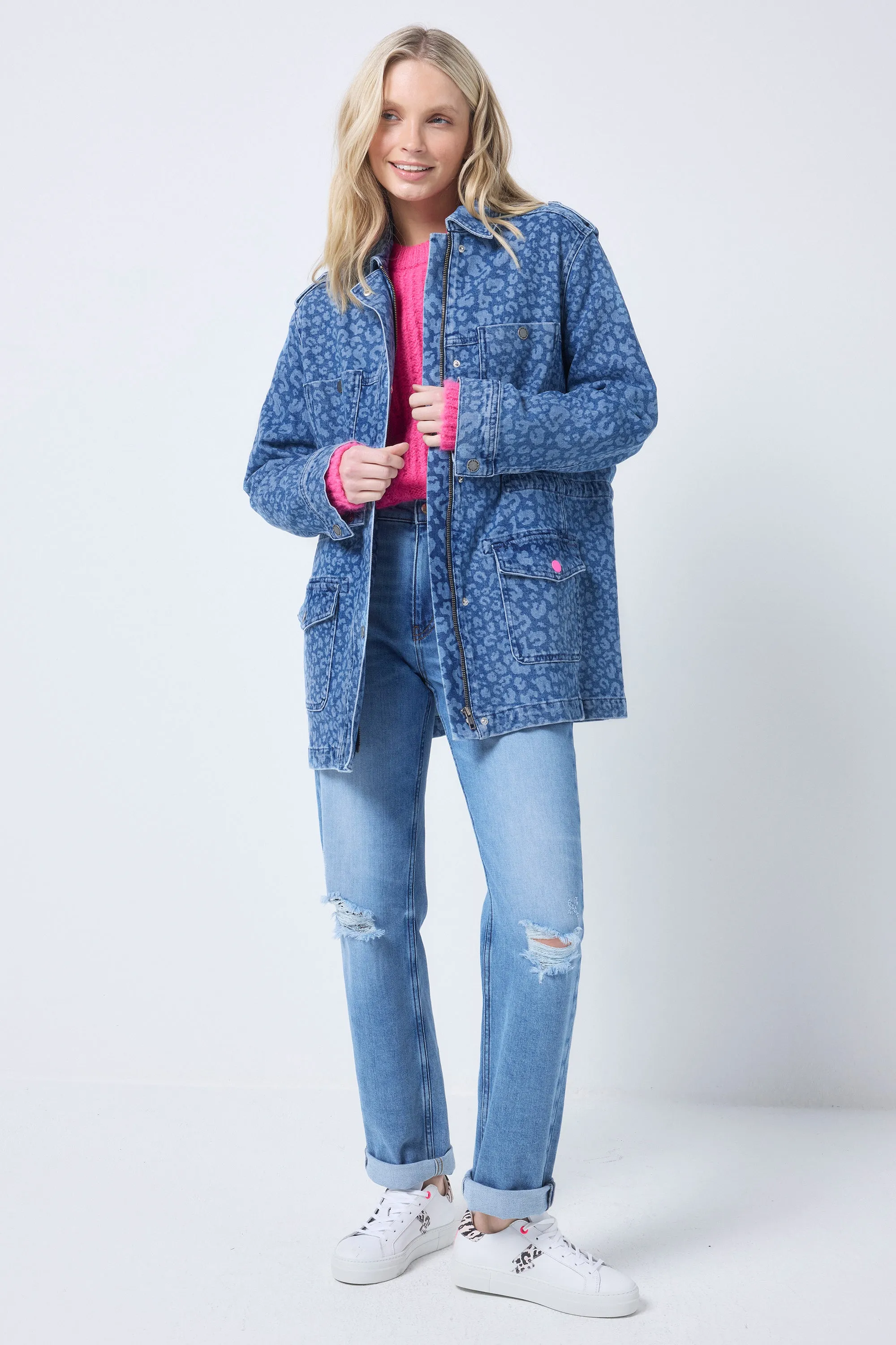 Authentic Indigo Leopard Denim Utility Jacket