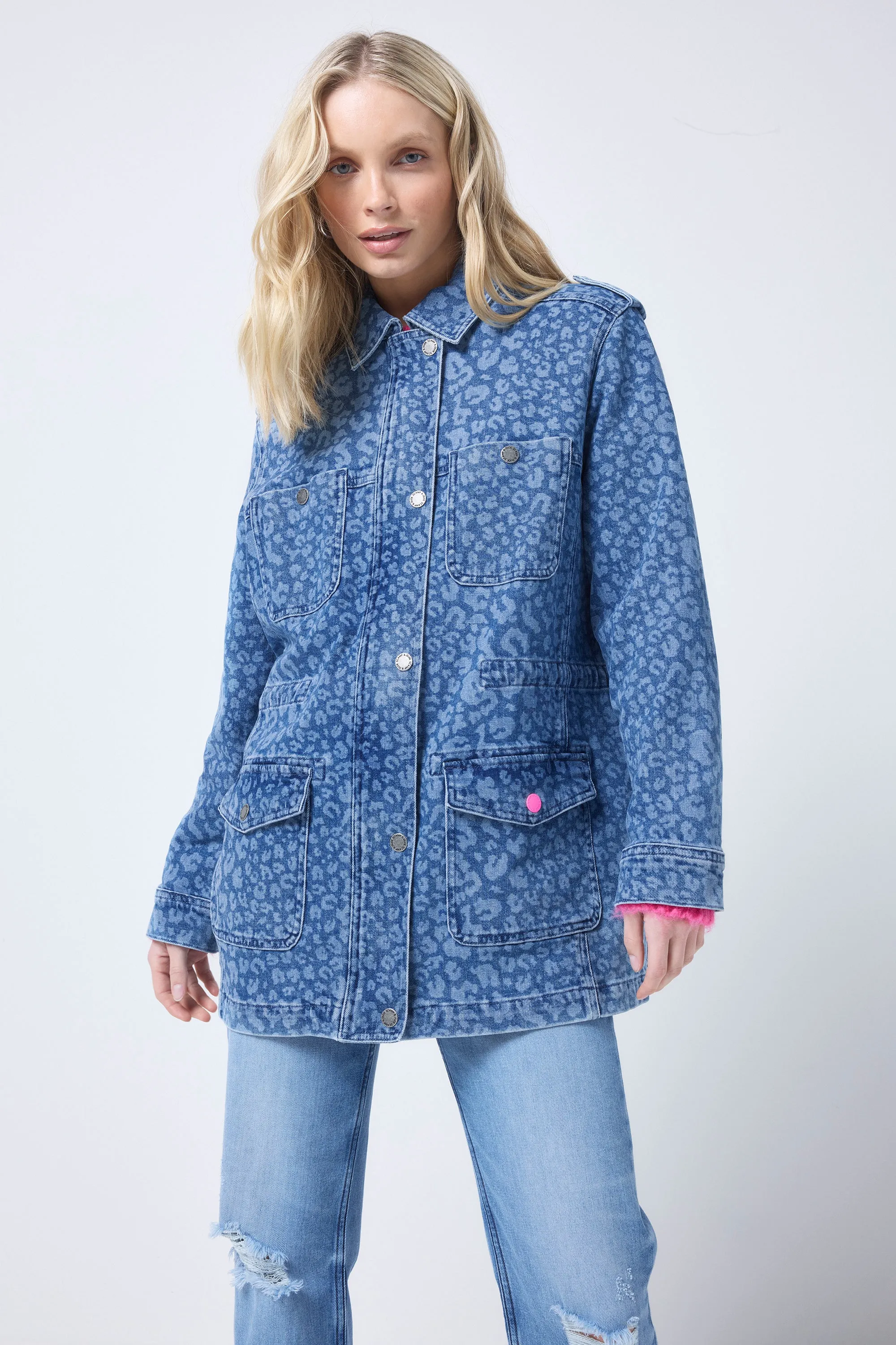 Authentic Indigo Leopard Denim Utility Jacket