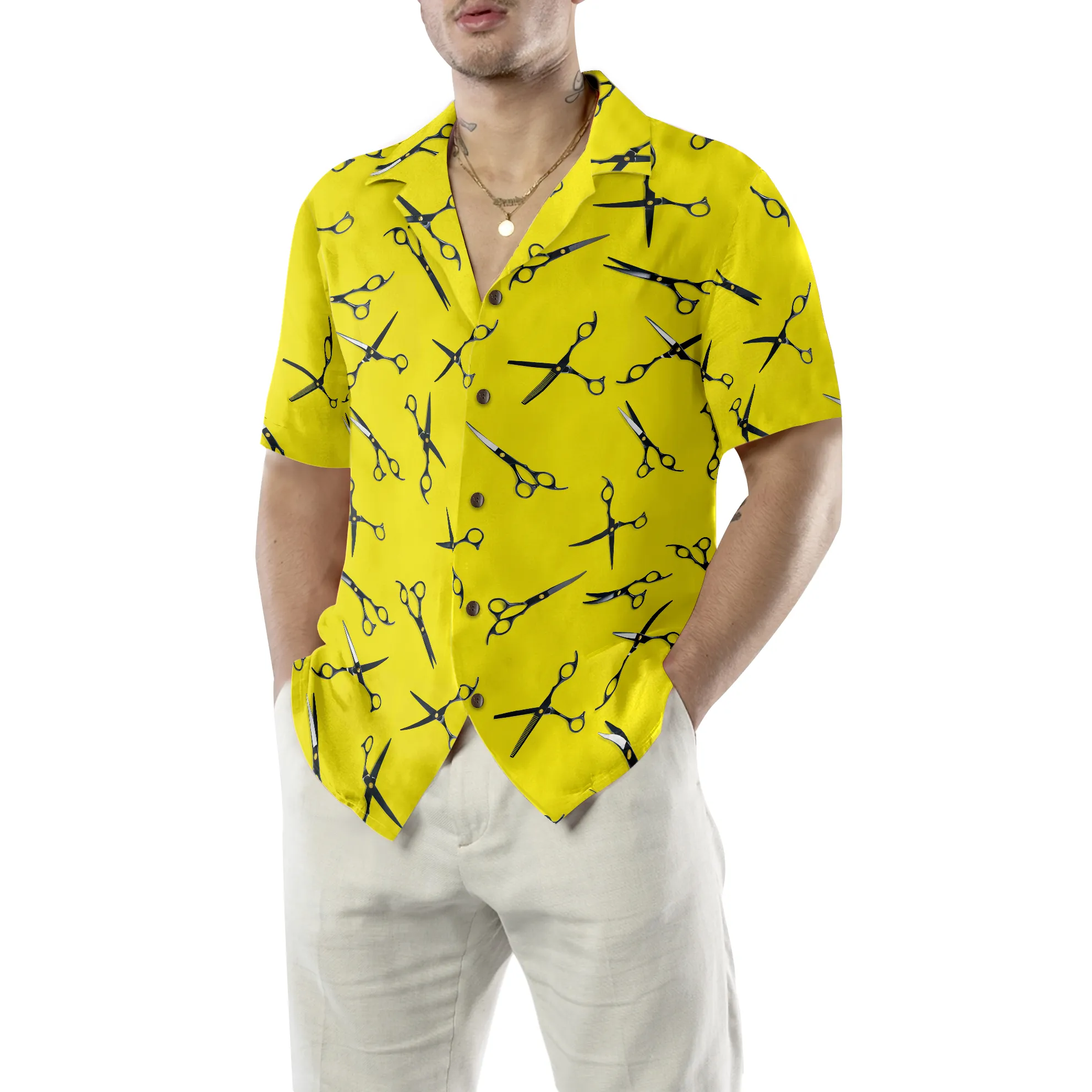 Barber Yellow Scissors For Professional Barber Hawaiian Shirt