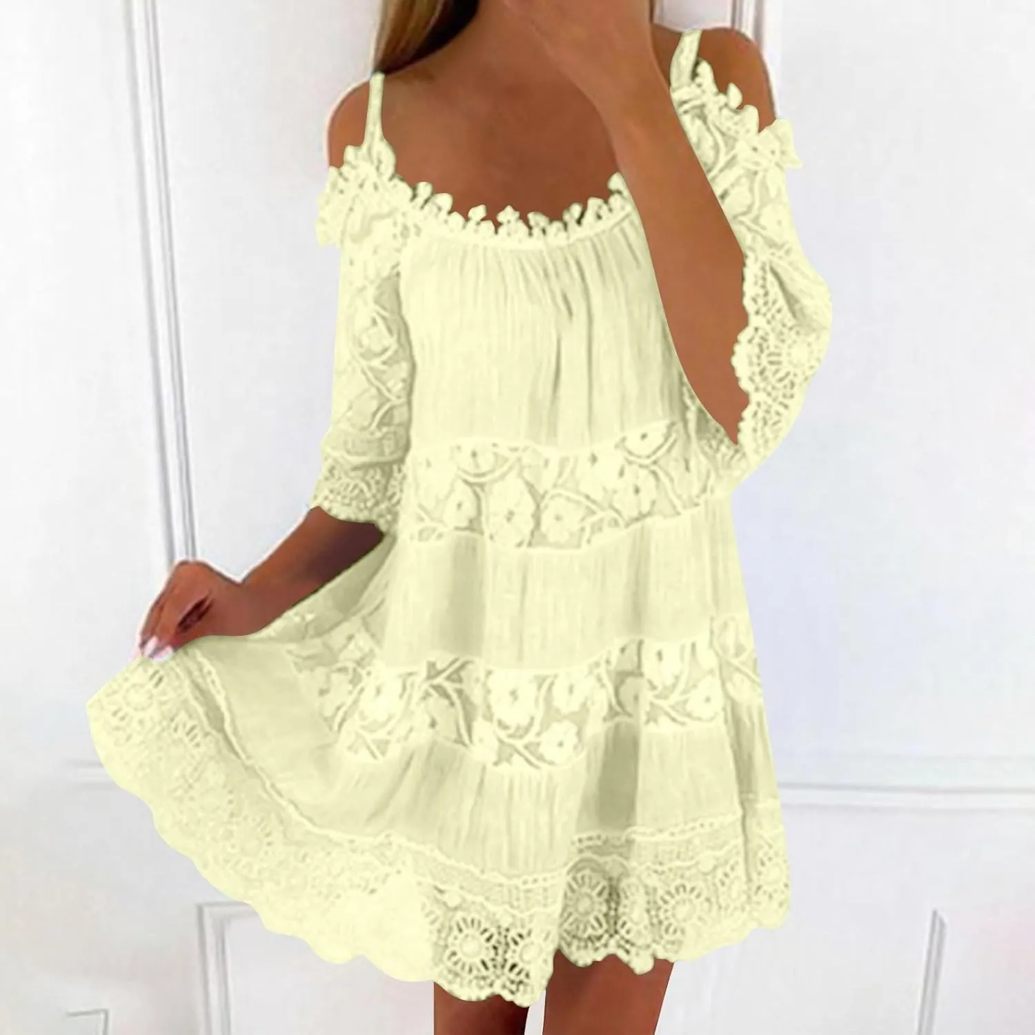 Beach Dresses for Women Lace Patchwork Cold Shoulder Short Sleeve Mini Dress Summer Plus Size Boho Vacation Dress