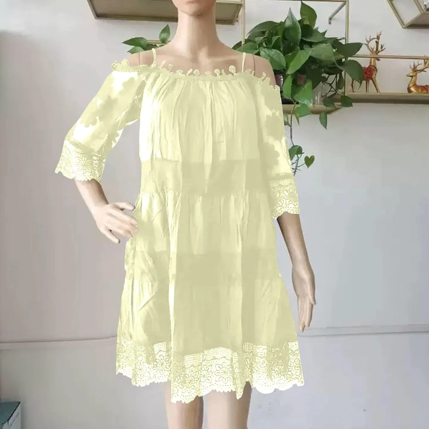 Beach Dresses for Women Lace Patchwork Cold Shoulder Short Sleeve Mini Dress Summer Plus Size Boho Vacation Dress