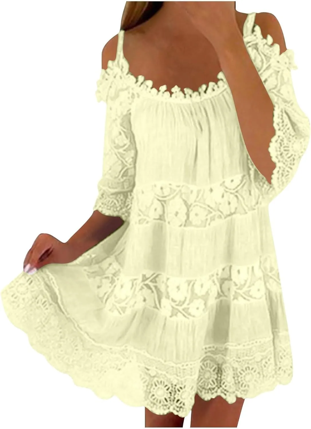 Beach Dresses for Women Lace Patchwork Cold Shoulder Short Sleeve Mini Dress Summer Plus Size Boho Vacation Dress