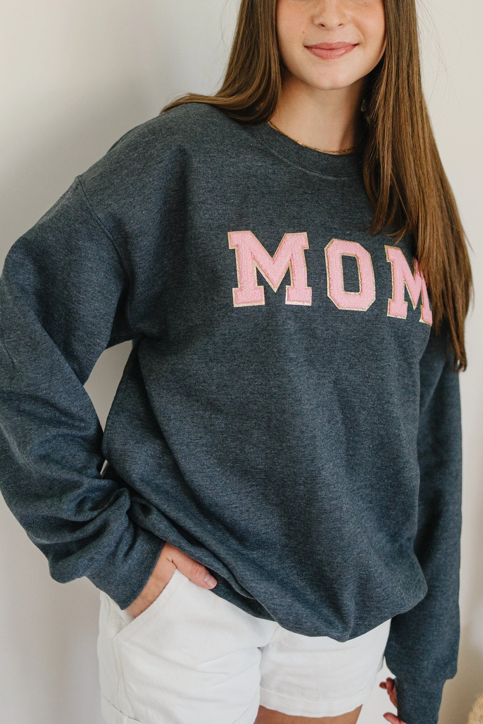 Birthday Gift For Mom | Glitter Patch Mama Sweatshirt | Personalized Chenille Patch Shirt | Varsity Letter Patch Sweatshirt