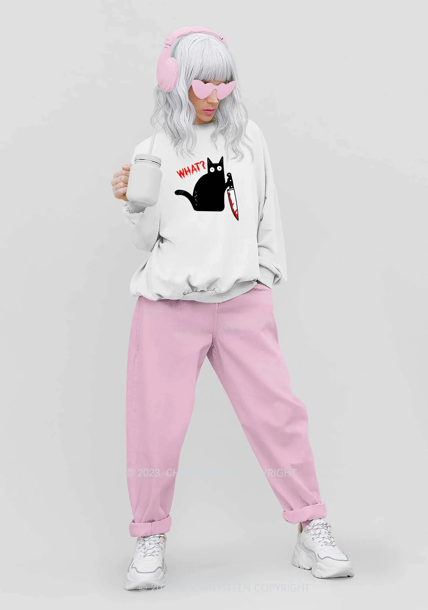 Black Cat Bloodstained Dagger Halloween Y2K Sweatshirt Cherrykitten