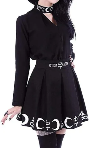 Black Skirt for Women Gothic Witchcraft Moon Printed Elastic High Waisted Pleated Y2k E-Girls Punk Short Mini Skirts