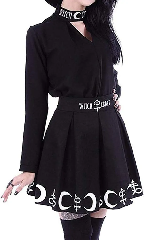 Black Skirt for Women Gothic Witchcraft Moon Printed Elastic High Waisted Pleated Y2k E-Girls Punk Short Mini Skirts