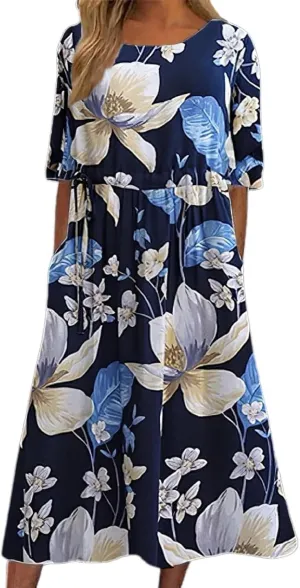 Boho Dress for Women Floral Print Crewneck Short Sleeve Tiered Pleated Long Sundresses Summer Casual Loose Dresses