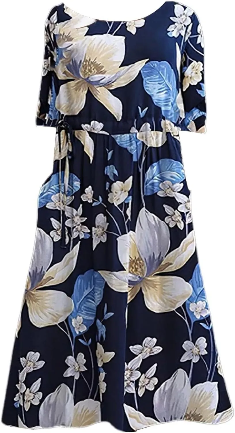 Boho Dress for Women Floral Print Crewneck Short Sleeve Tiered Pleated Long Sundresses Summer Casual Loose Dresses