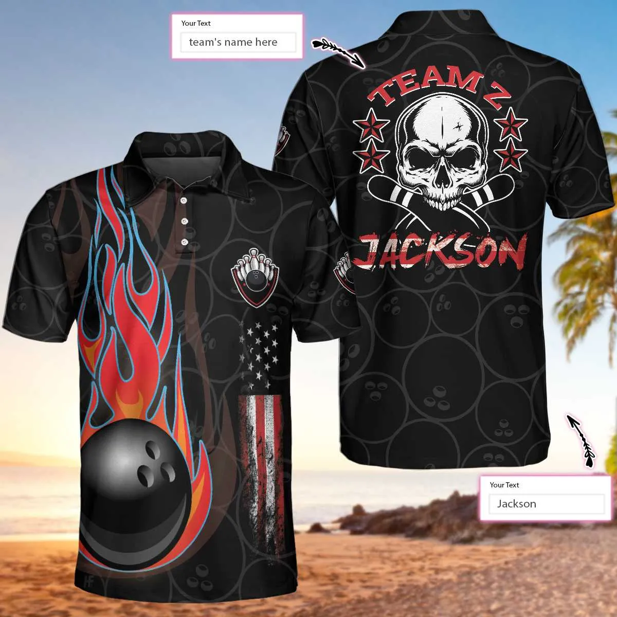 Bowling Custom Men Polo Shirt - Custom Name Skull, Skull American Flag Personalized Bowling Polo Shirt For Men - Perfect Gift For Friend, Family, Bowling Lovers