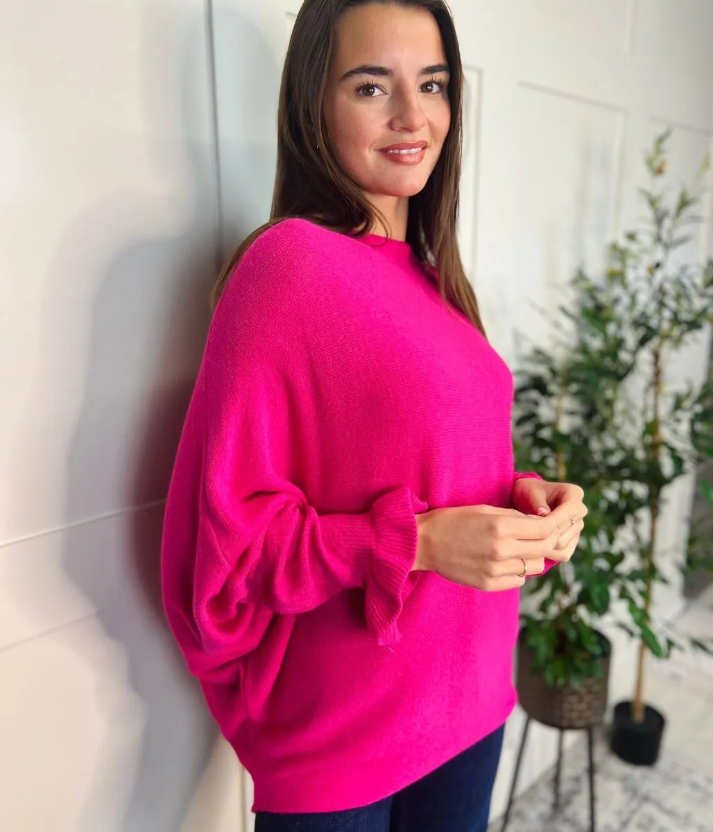 Bright Pink Ruffle Sleeve Batwing Jumper