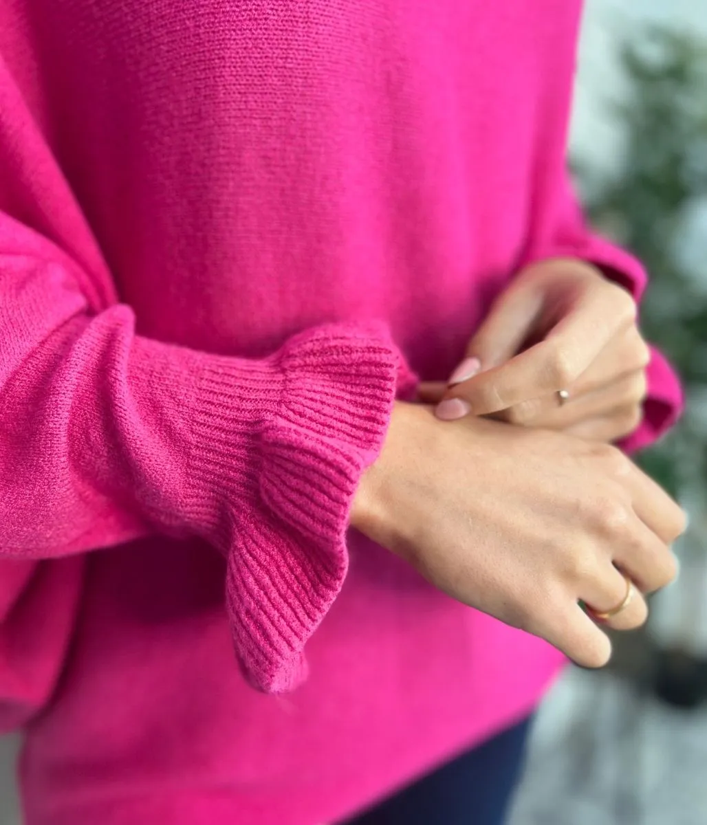 Bright Pink Ruffle Sleeve Batwing Jumper