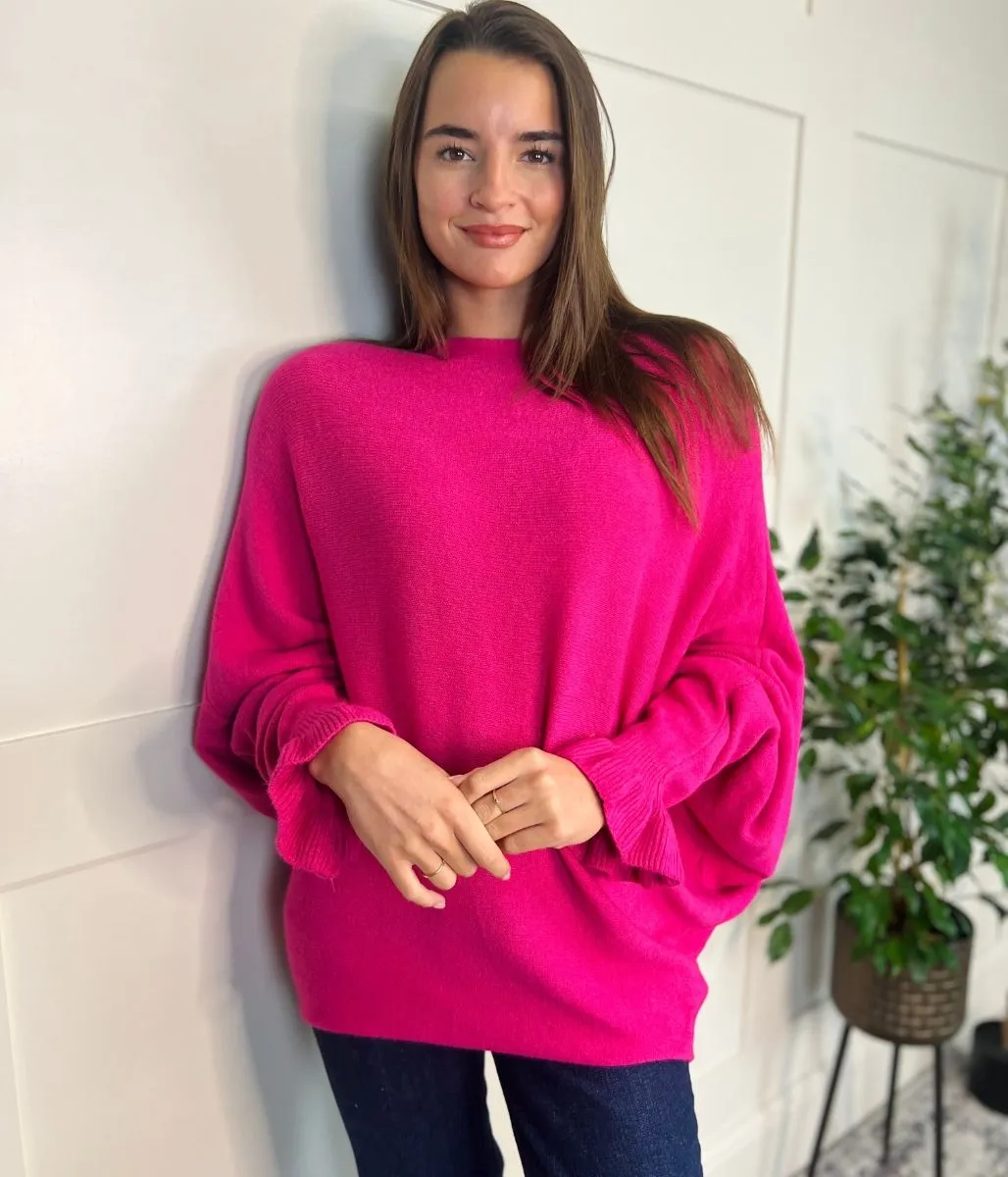 Bright Pink Ruffle Sleeve Batwing Jumper