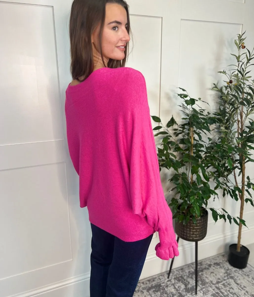 Bright Pink Ruffle Sleeve Batwing Jumper