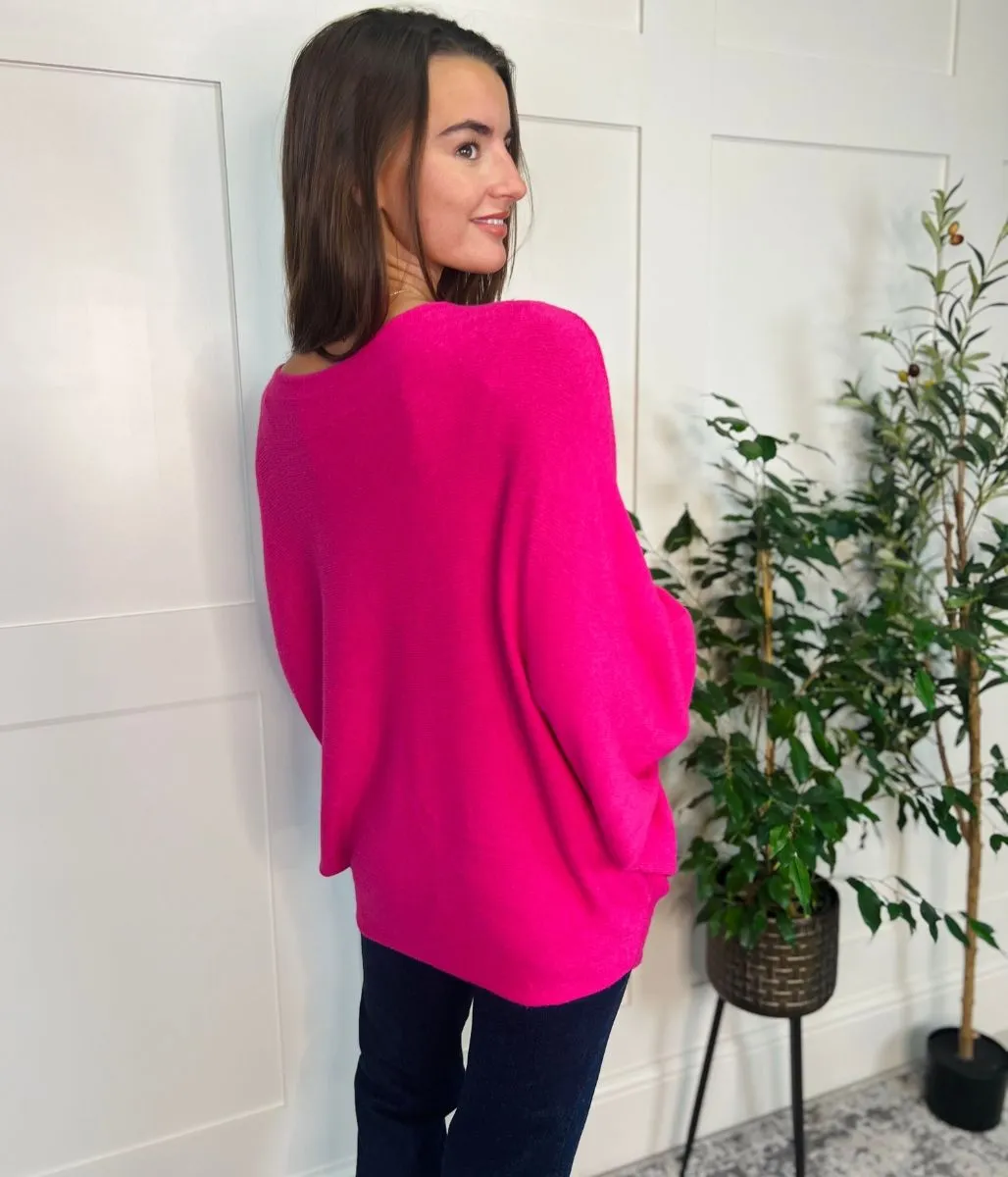 Bright Pink Ruffle Sleeve Batwing Jumper