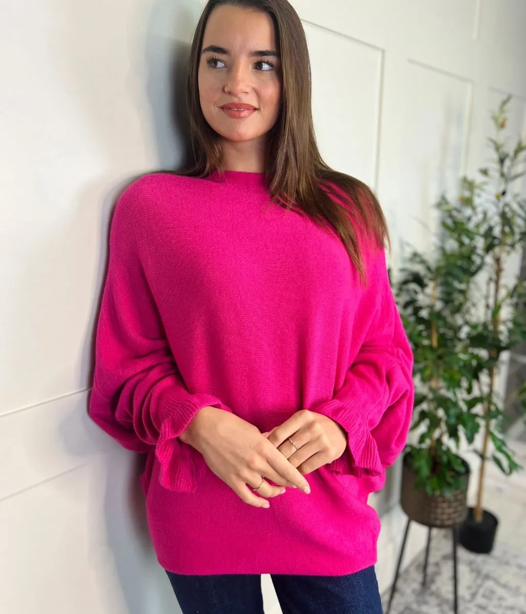 Bright Pink Ruffle Sleeve Batwing Jumper