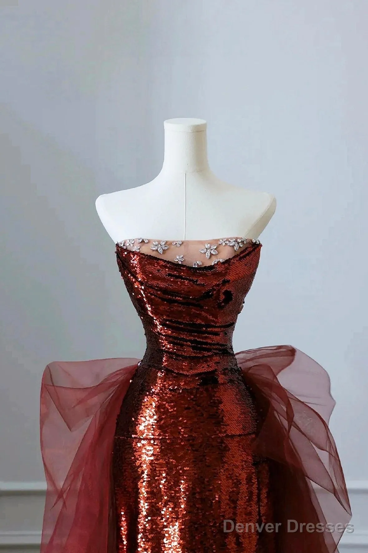 Burgundy Sequins And Tulle Long Formal Dress, Elegant Strapless Evening Party Dress