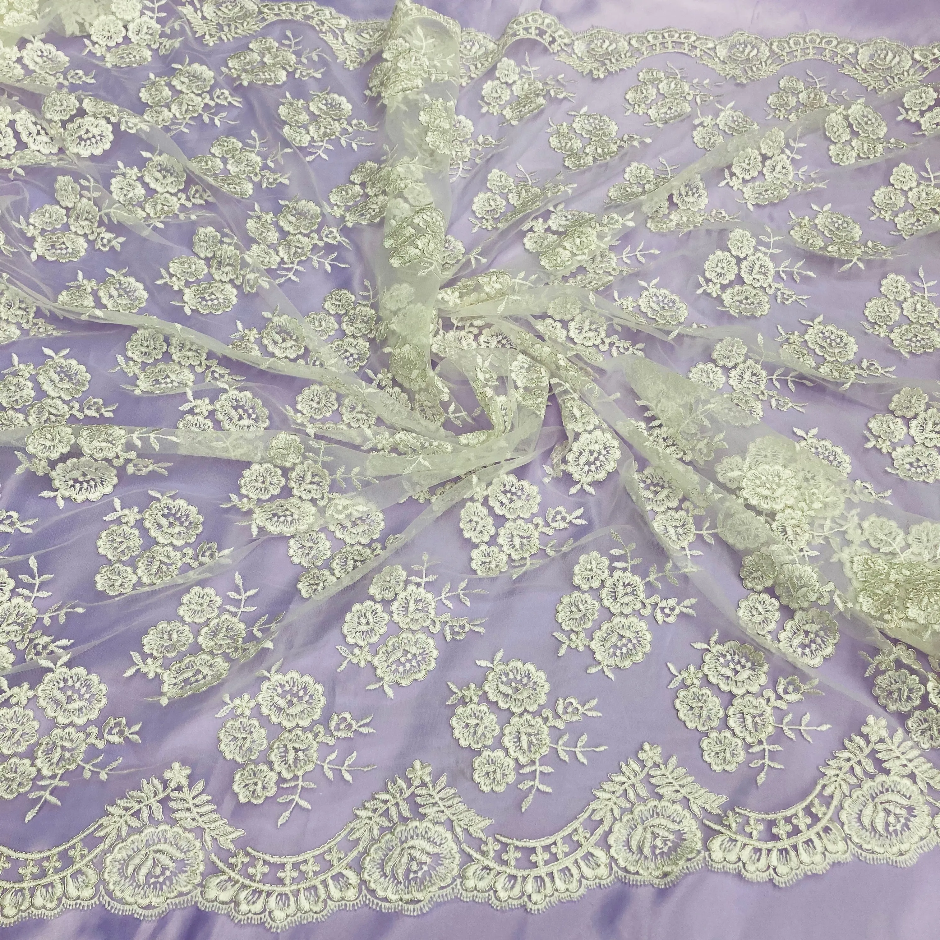 Corded Bridal Lace Fabric Embroidered on 100% Polyester Net Mesh | Lace USA - 95412W
