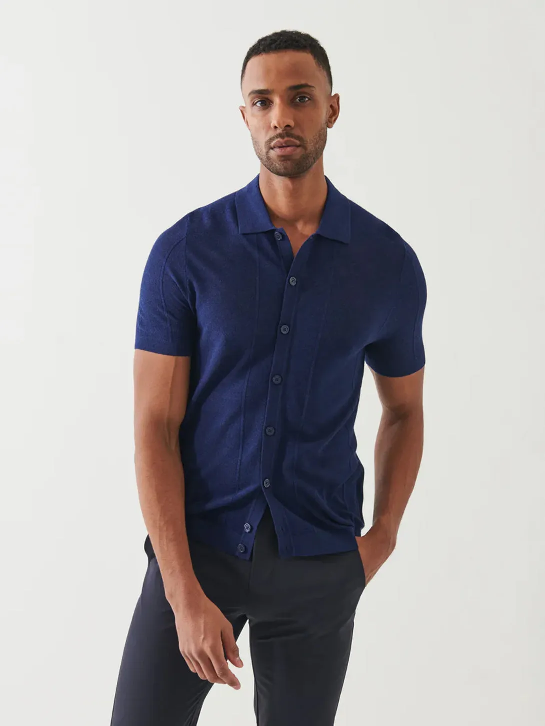 Cotton Cashmere Blend Knit Shirt - Navy