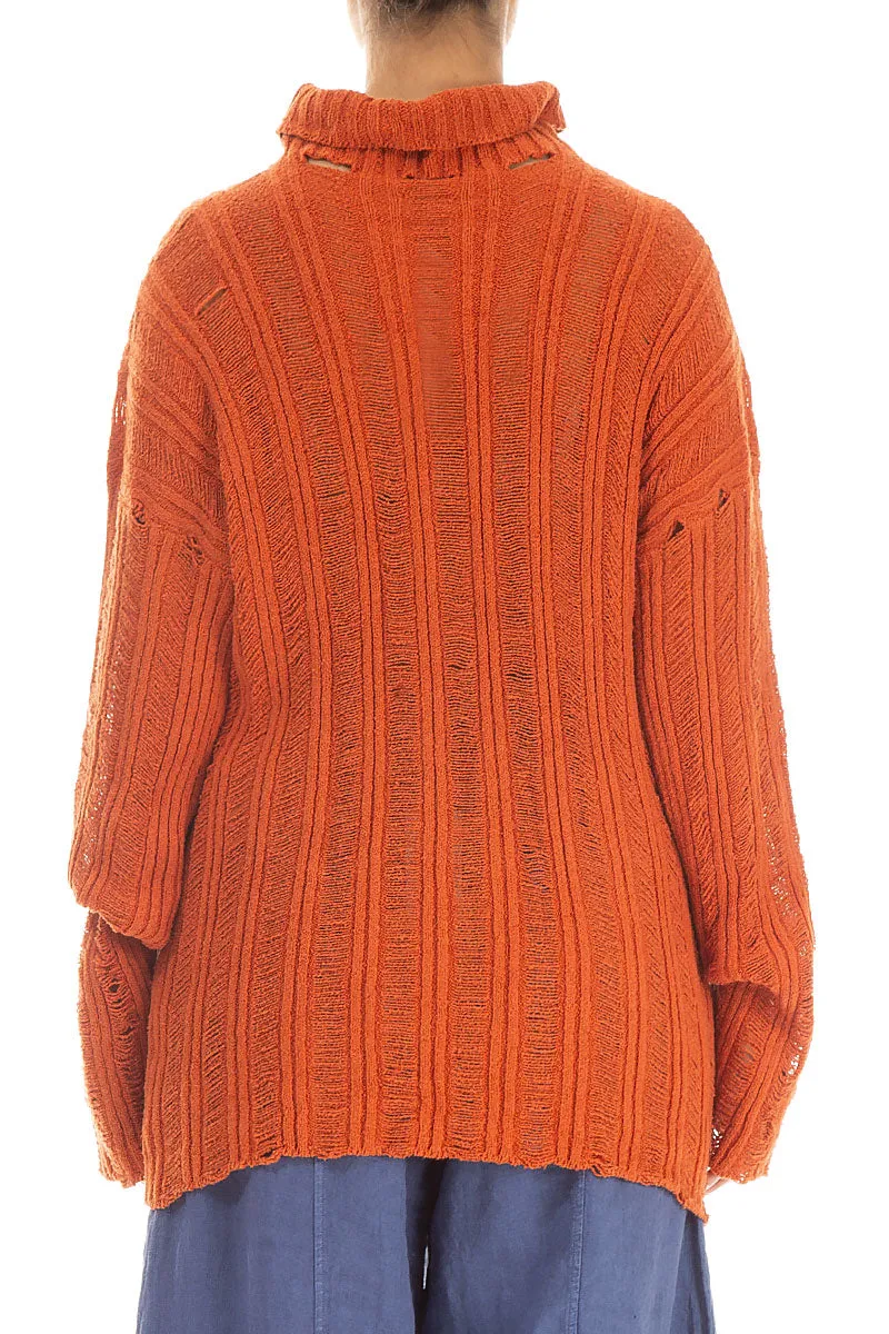 Cowl Neck Ribbed Burnt Orange Cotton Jumper