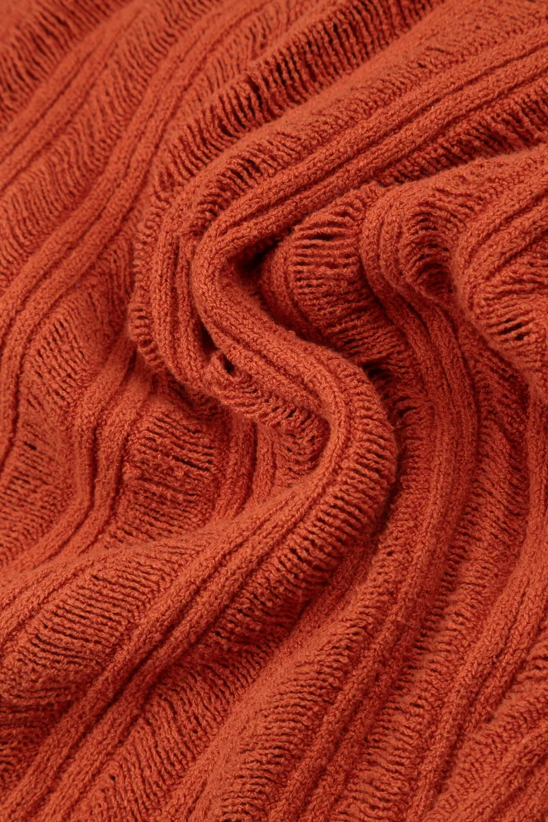 Cowl Neck Ribbed Burnt Orange Cotton Jumper
