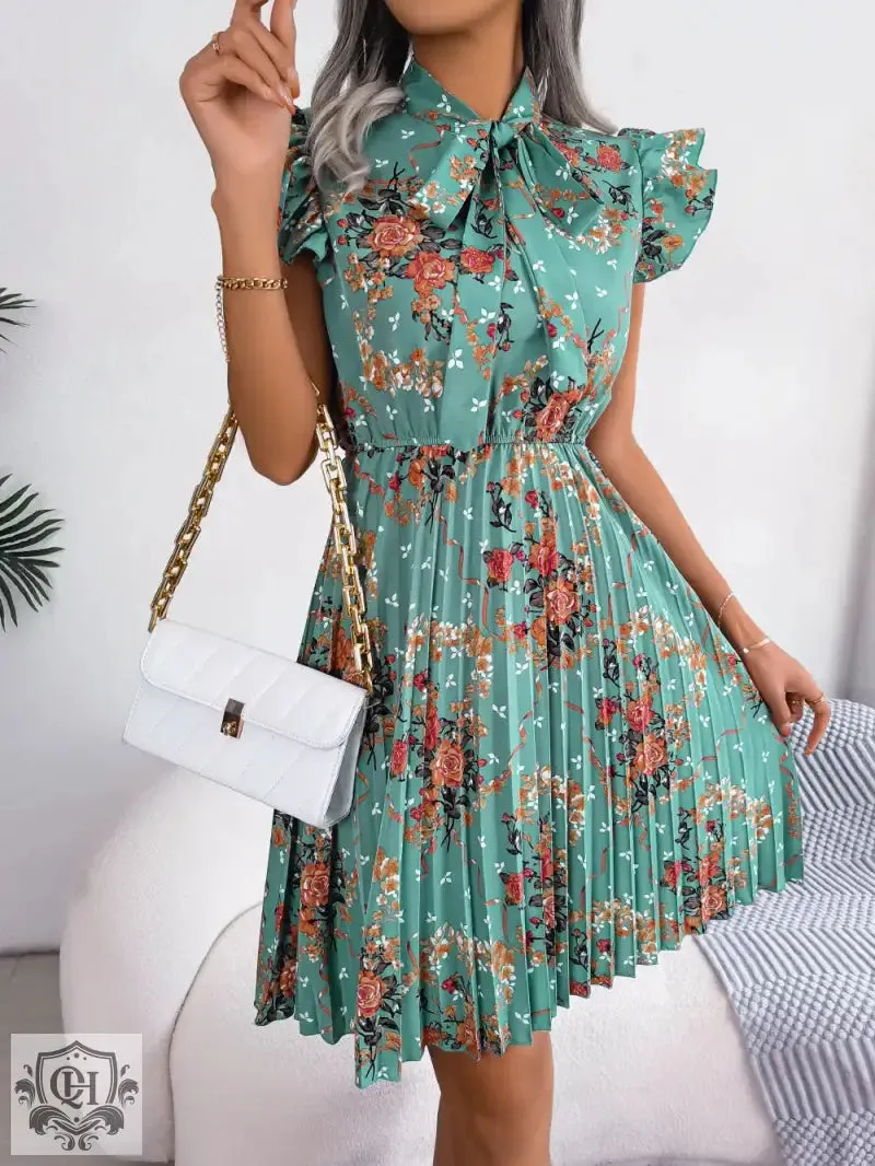 Dignified Floral Lace-up Pleated Dress