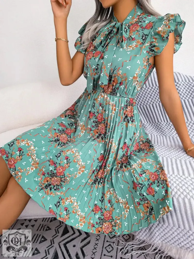 Dignified Floral Lace-up Pleated Dress