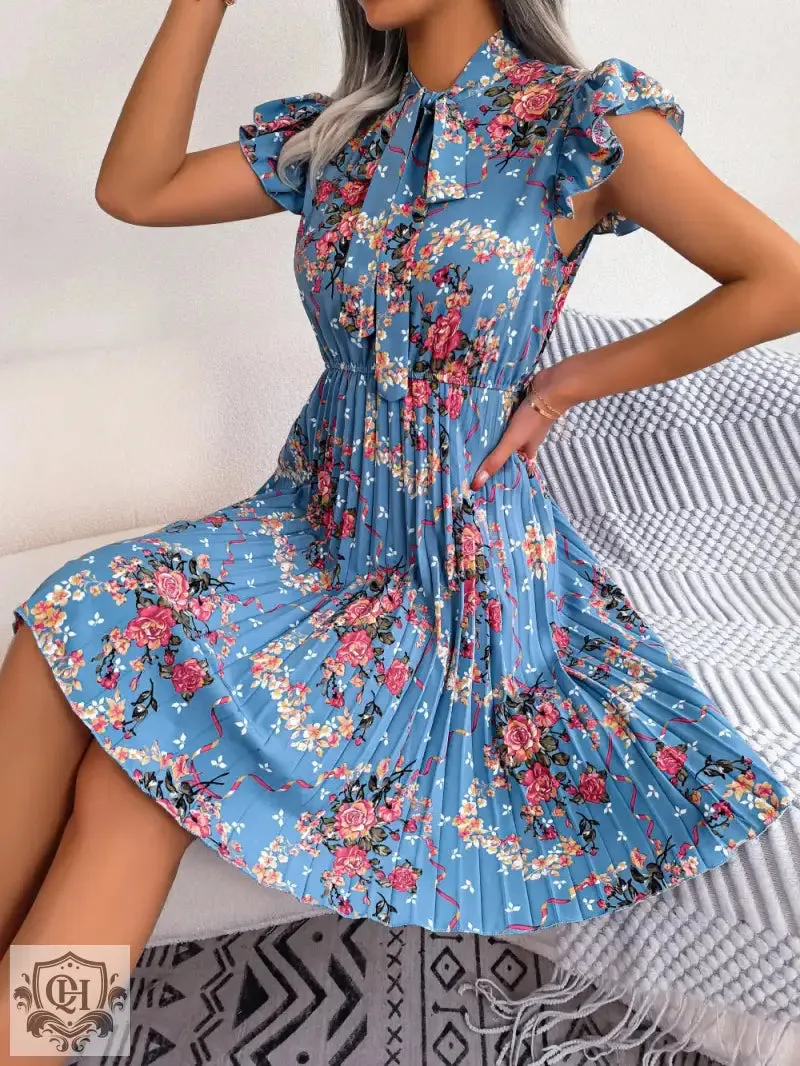 Dignified Floral Lace-up Pleated Dress