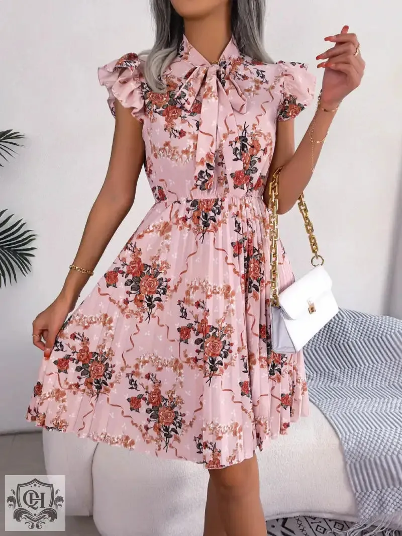 Dignified Floral Lace-up Pleated Dress