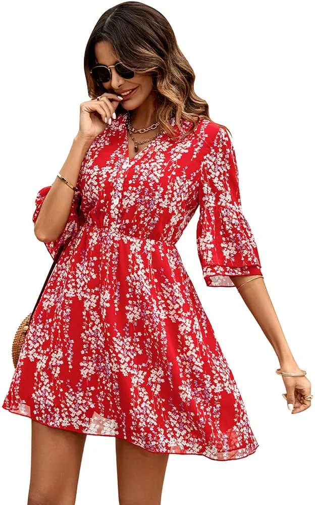 Dresses for Women Summer Casual V Neck Ruffle Print High Waist Flowy Mini A-line Dress