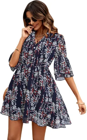 Dresses for Women Summer Casual V Neck Ruffle Print High Waist Flowy Mini A-line Dress