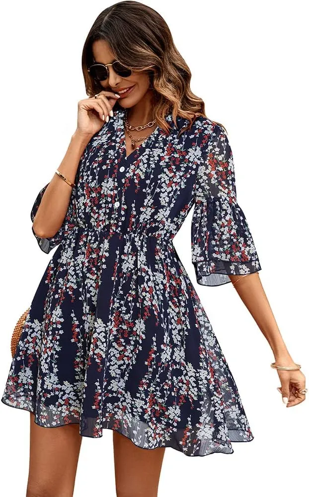 Dresses for Women Summer Casual V Neck Ruffle Print High Waist Flowy Mini A-line Dress