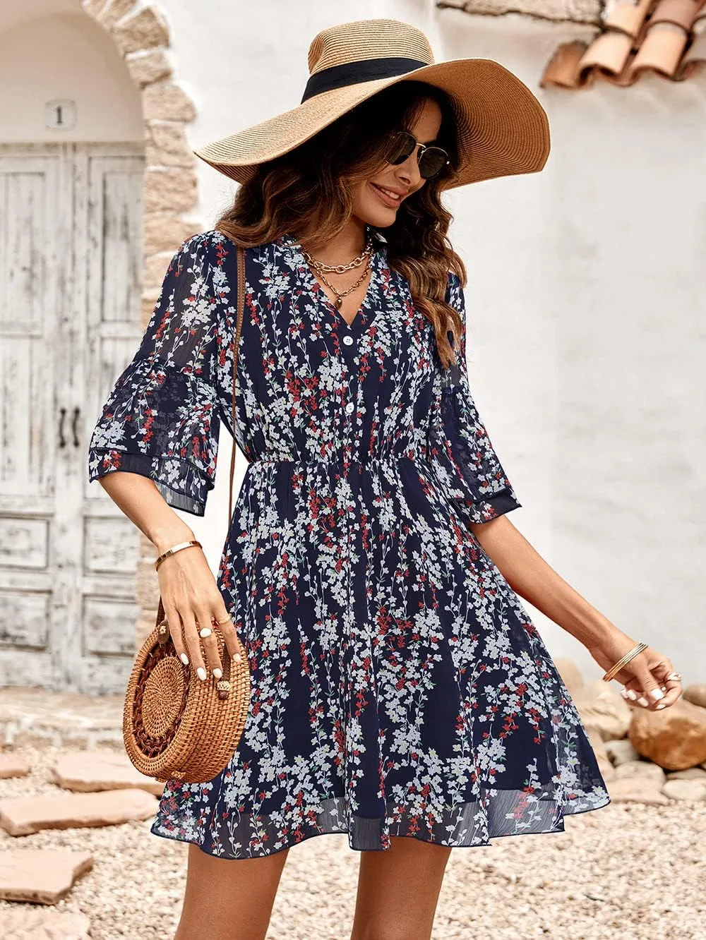 Dresses for Women Summer Casual V Neck Ruffle Print High Waist Flowy Mini A-line Dress