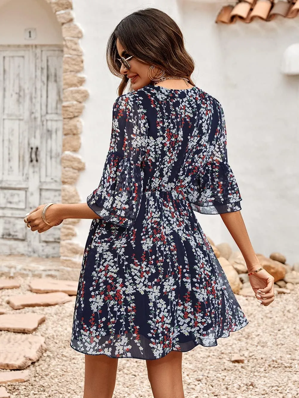 Dresses for Women Summer Casual V Neck Ruffle Print High Waist Flowy Mini A-line Dress