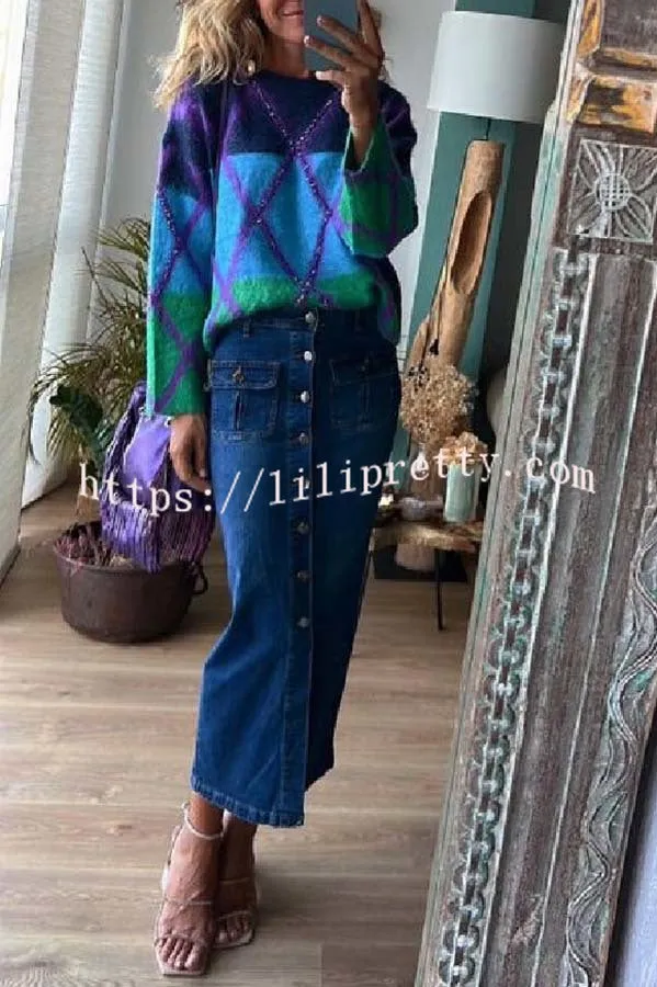 Dunev High Rise Pocket Button Belt Slit Denim Skirt