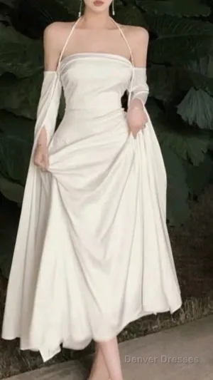 Elegant A Line Straps Long Sleeves Silk Satin White Prom Dresses Formal Dress