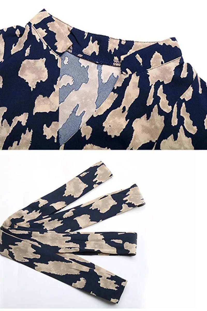 ELEGANT PATTERNED V NECK TIED WAIST DRESS