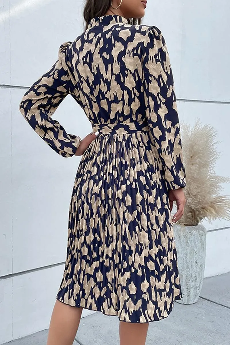 ELEGANT PATTERNED V NECK TIED WAIST DRESS